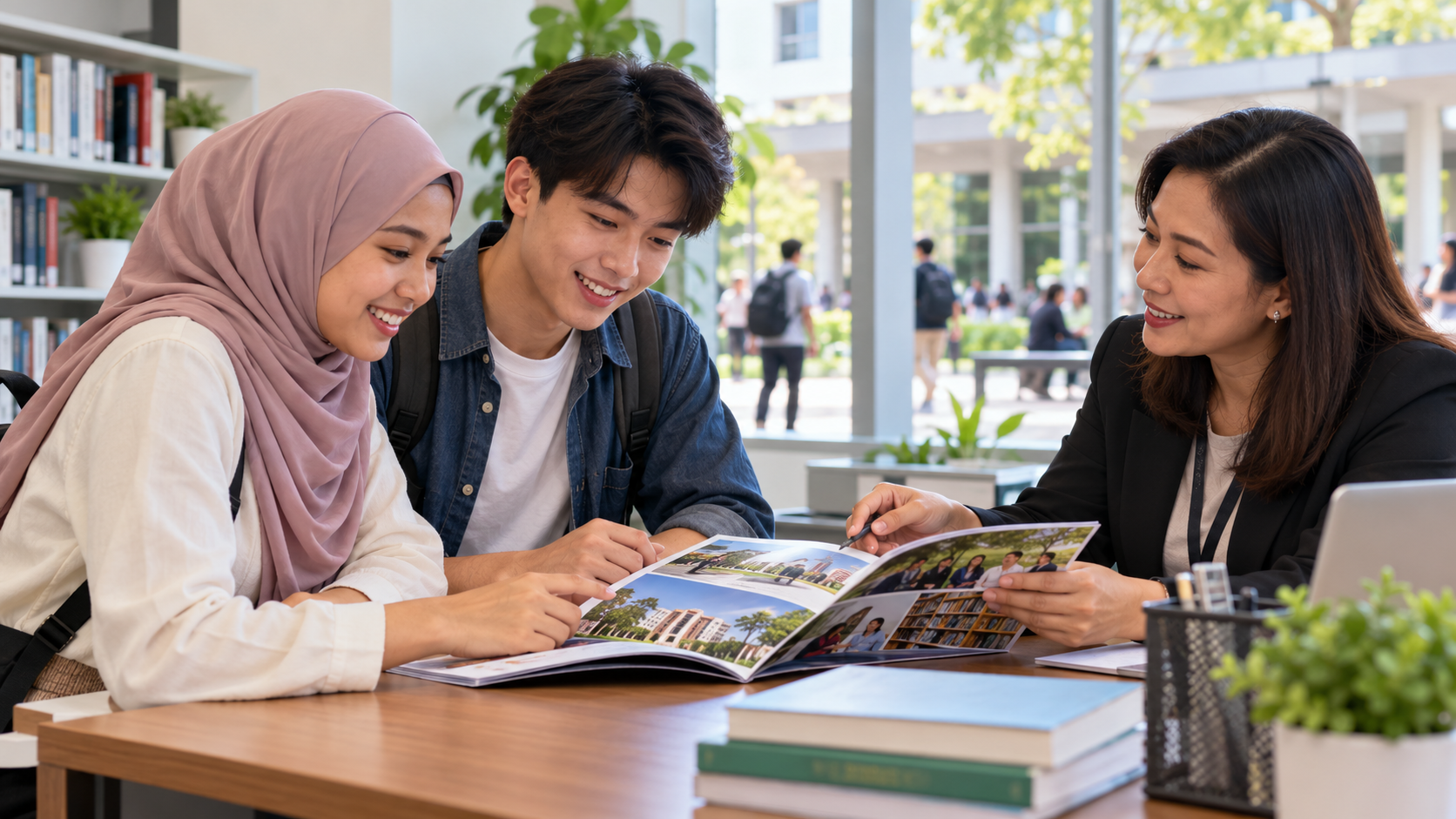 Malaysian students discussing study options with an academic adviser.