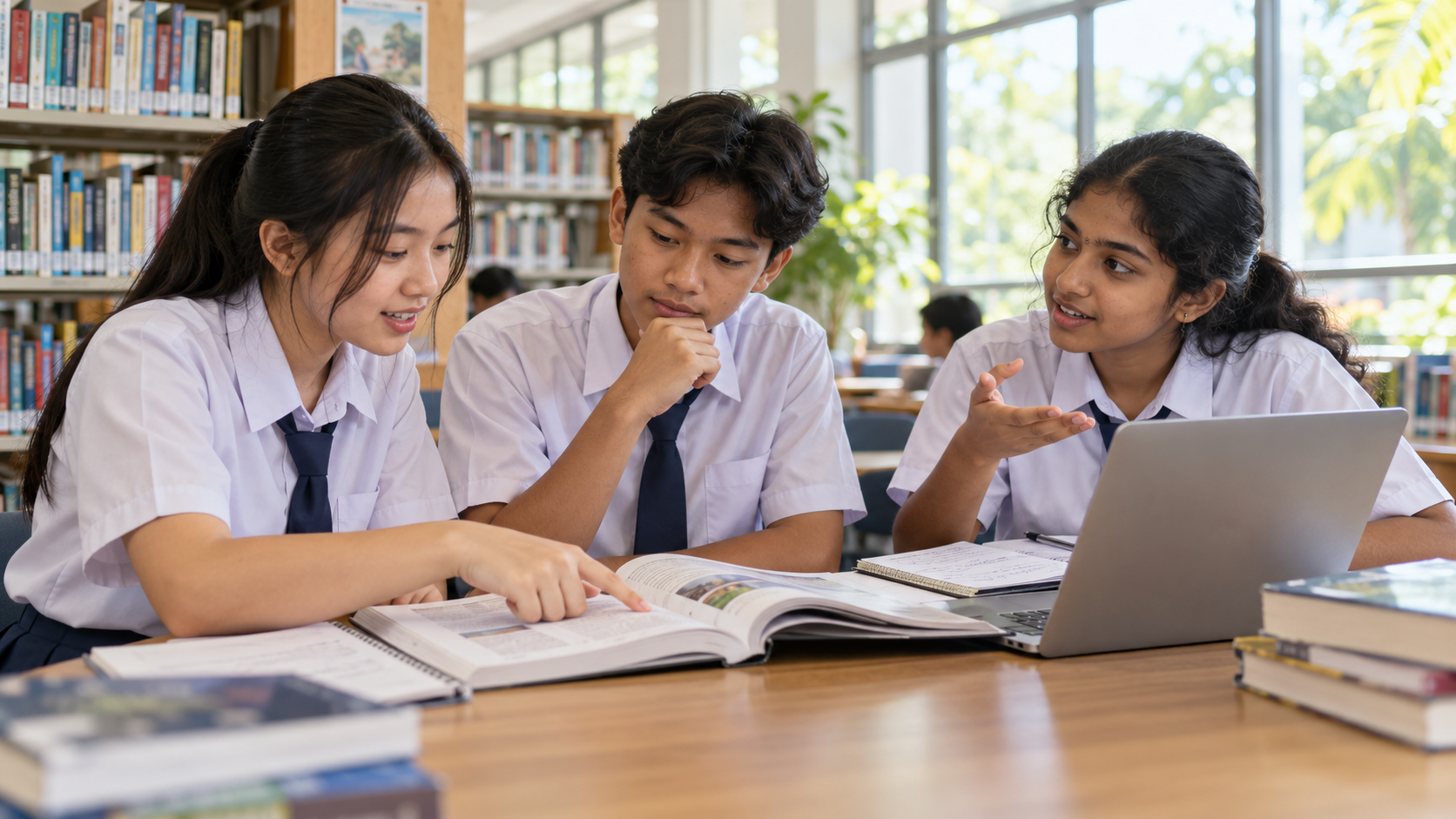 Three students comparing a textbook with information on a laptop.